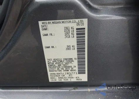 2020 Nissan Altima Sv Fwd из США, поврежденный, VIN 1N4BL4DV7LC285771